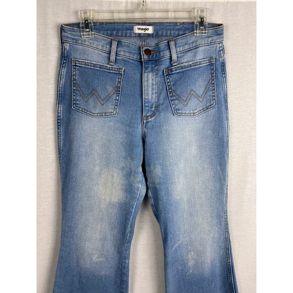 Wrangler Jeans Patch Pocket High Rise Flare Denim Western Cowgirl Rodeo Boho - Picture 3 of 8